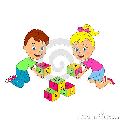 Boy and girl with cubes with letters Vector Illustration