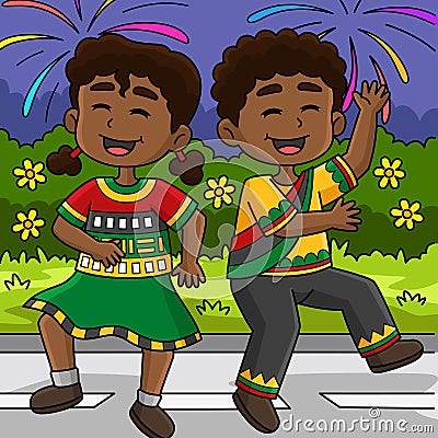 Boy and Girl Dancing on Juneteenth Colored Cartoon Vector Illustration