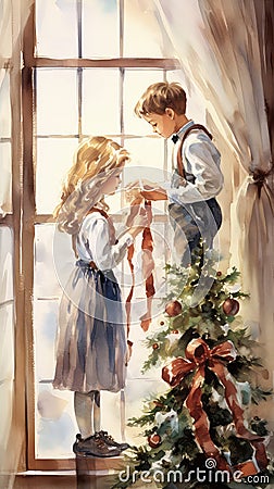 Boy and a girl decorate a Christmas tree near the window in the living room. Watercolor vintage illustration Cartoon Illustration