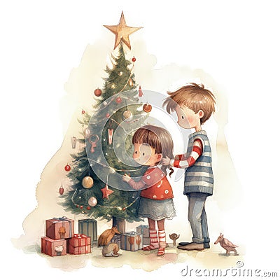 Boy and a girl decorate a Christmas tree near the window in the living room. Watercolor vintage illustration Cartoon Illustration
