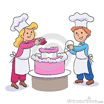 Boy girl decorating cake with icing and cream rose Vector Illustration