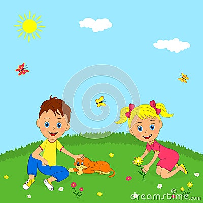 Boy, girl and dog on a meadow Vector Illustration