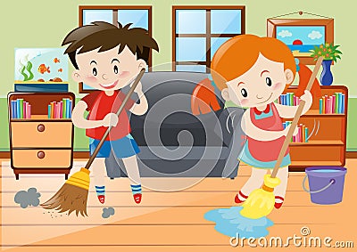 Boy and girl doing chores in the house Vector Illustration