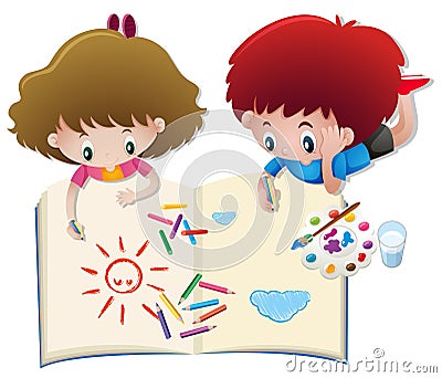 Boy and girl drawing in big book Vector Illustration