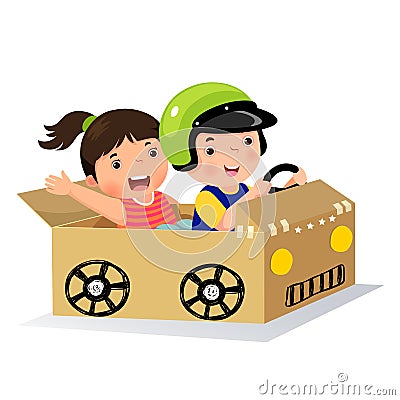 Boy and girl driving with cardboard car Vector Illustration