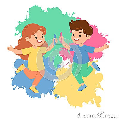 Boy and girl enjoy holi festival and playing pichkari. Vector illustration Vector Illustration