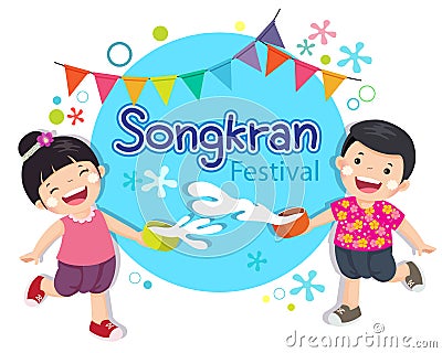 Boy and girl enjoy splashing water in Songkran festival Thailand Vector Illustration