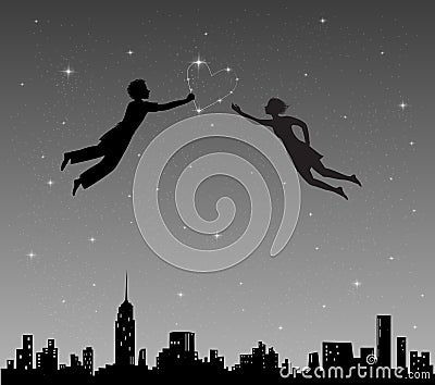 Boy and girl flying in night sky Vector Illustration