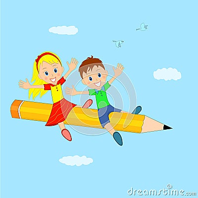 Boy and girl flying on a pencil Vector Illustration