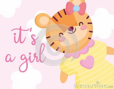 Boy or girl, gender reveal its a girl cyte tiger with dress and bow Vector Illustration