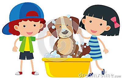 Boy and girl giving dog a bath Vector Illustration