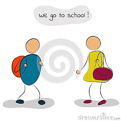 Boy and girl go to school Cartoon Illustration