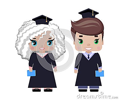 boy and girl graduates in graduation caps and gowns Vector Illustration