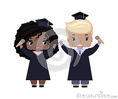 Boy and girl graduates happy, in graduation caps and gowns, with diplomas, smiling Vector Illustration