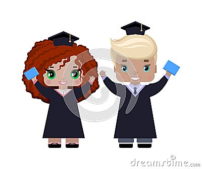 Boy and girl graduates happy, in graduation caps and gowns, with diplomas Vector Illustration