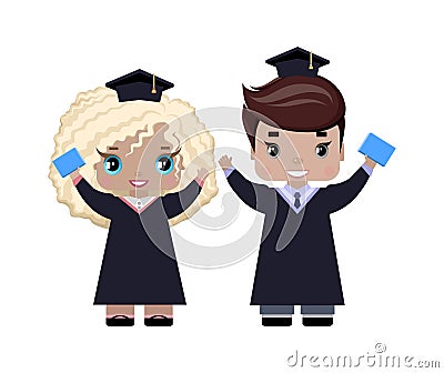 boy and girl graduates happy, in graduation caps and gowns, with diplomas Vector Illustration