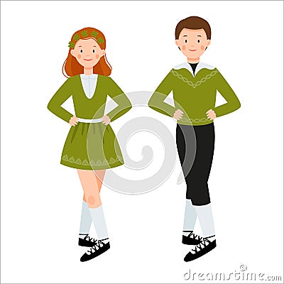 Boy and girl in green clothers are dancing together. Irish dancers isolated on a white background. Vector flat Vector Illustration