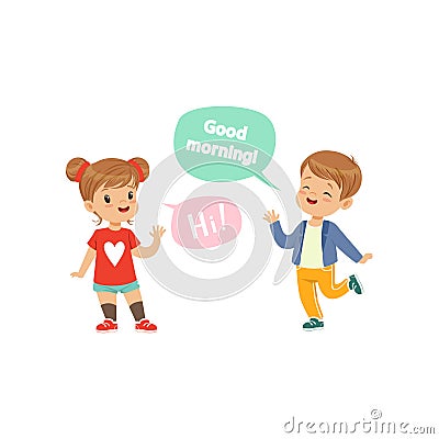 Boy and girl greeting each other, kids good manners concept vector Illustration on a white background Vector Illustration