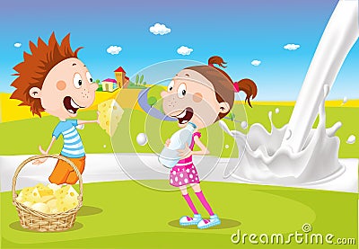Boy and girl hold cheese and milk near the milky river on natural background - cartoon vector Vector Illustration