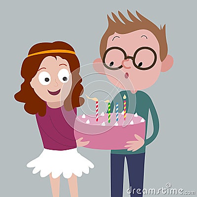 Boy and girl holding cake: boy blowing out candles Vector Illustration