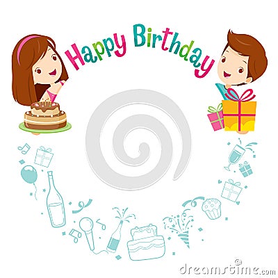 Boy, Girl And Icons With Birthday Circle Frame Vector Illustration