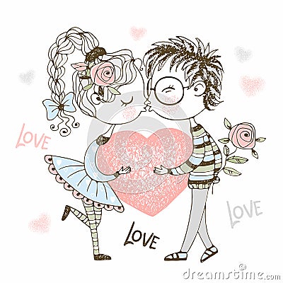 A boy and a girl kiss and hold a big heart. Valentine. Vector Vector Illustration