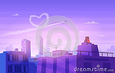 Boy and girl look over cityscape. Romantic day. Vector cute illustration. Vector Illustration