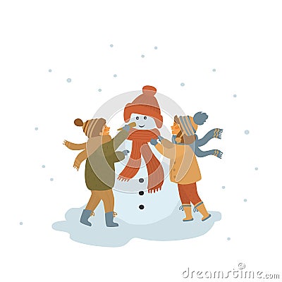 Boy and girl making a snowman isolated cartoon vector illustration Vector Illustration