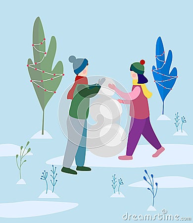 boy and girl making snowman in the park. vector illustration Cartoon Illustration