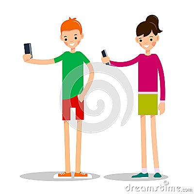 Boy and girl with mobile phone. Man and woman do selfie Vector Illustration