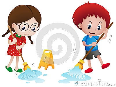 Boy and girl mopping wet floor Vector Illustration