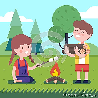 Boy and girl near the bonfire Vector Illustration