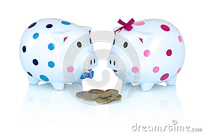 Boy and girl piggy bank for save money with EURo coins on white background with shadow reflection. Stock Photo