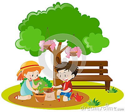 Boy and girl planting tree in garden Vector Illustration