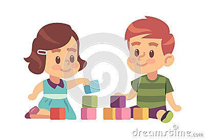 Boy and girl play cubes. Friendly children building from blocks on floor, vector kids characters education concept Vector Illustration