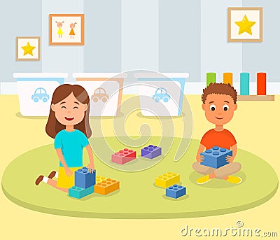 Boy and Girl Playing Building Blocks in Play Room Vector Illustration