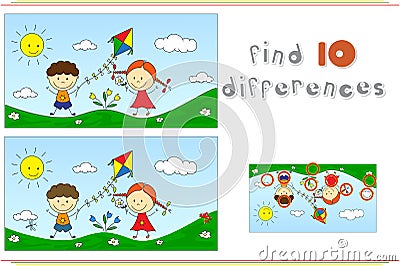A boy with a girl playing with a kite on a meadow. Educational g Vector Illustration
