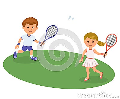 Boy and girl playing on the lawn badminton. Isolated vector illustration happy kids playing badminton. Sports lifestyle Cartoon Illustration