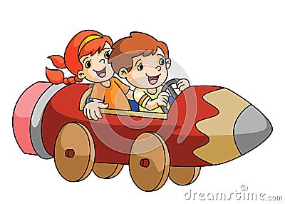 Boy and Girl Playing with Pencil Car Vector Illustration