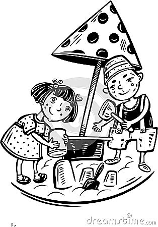 Boy and girl playing in the sandbox. Vector Illustration