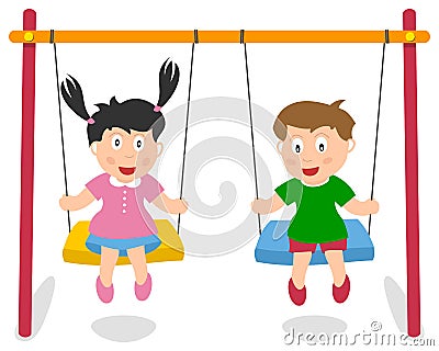 Boy and Girl Playing on Swing Vector Illustration