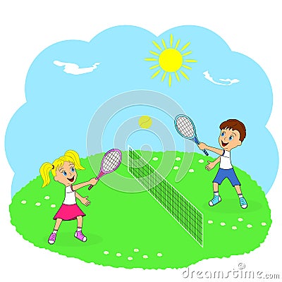 Boy and girl playing tennis Vector Illustration