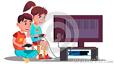 Boy And Girl Playing Video Games Together Vector. Isolated Illustration Vector Illustration