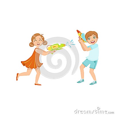 Boy And Girl Playing Water Pistols Fight Vector Illustration