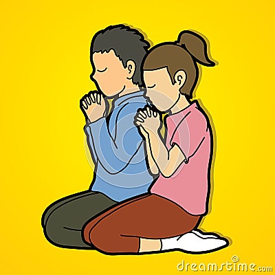 Boy and Girl pray together, Prayer, Christian praying children pray with God Vector Illustration