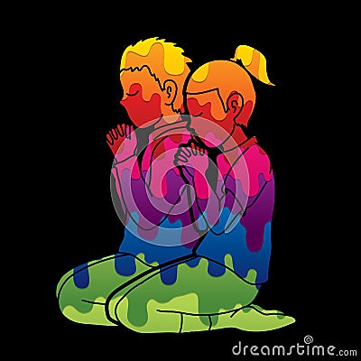 Boy and Girl pray together, Prayer, Christian praying children pray with God Vector Illustration