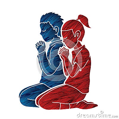 Boy and Girl pray together, Prayer, Christian praying children pray with God Vector Illustration