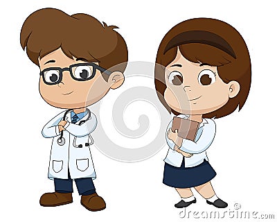 Boy and girl in profession`s costume of doctor. Vector Illustration