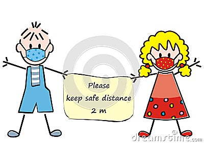 Boy and girl at protective mask, keep safe distance, eps. Vector Illustration