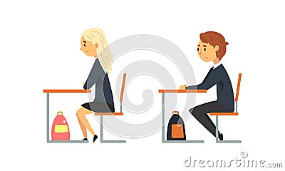 Boy and Girl Pupil or Student Sitting at Desk Having School Lesson Side View Vector Set Vector Illustration